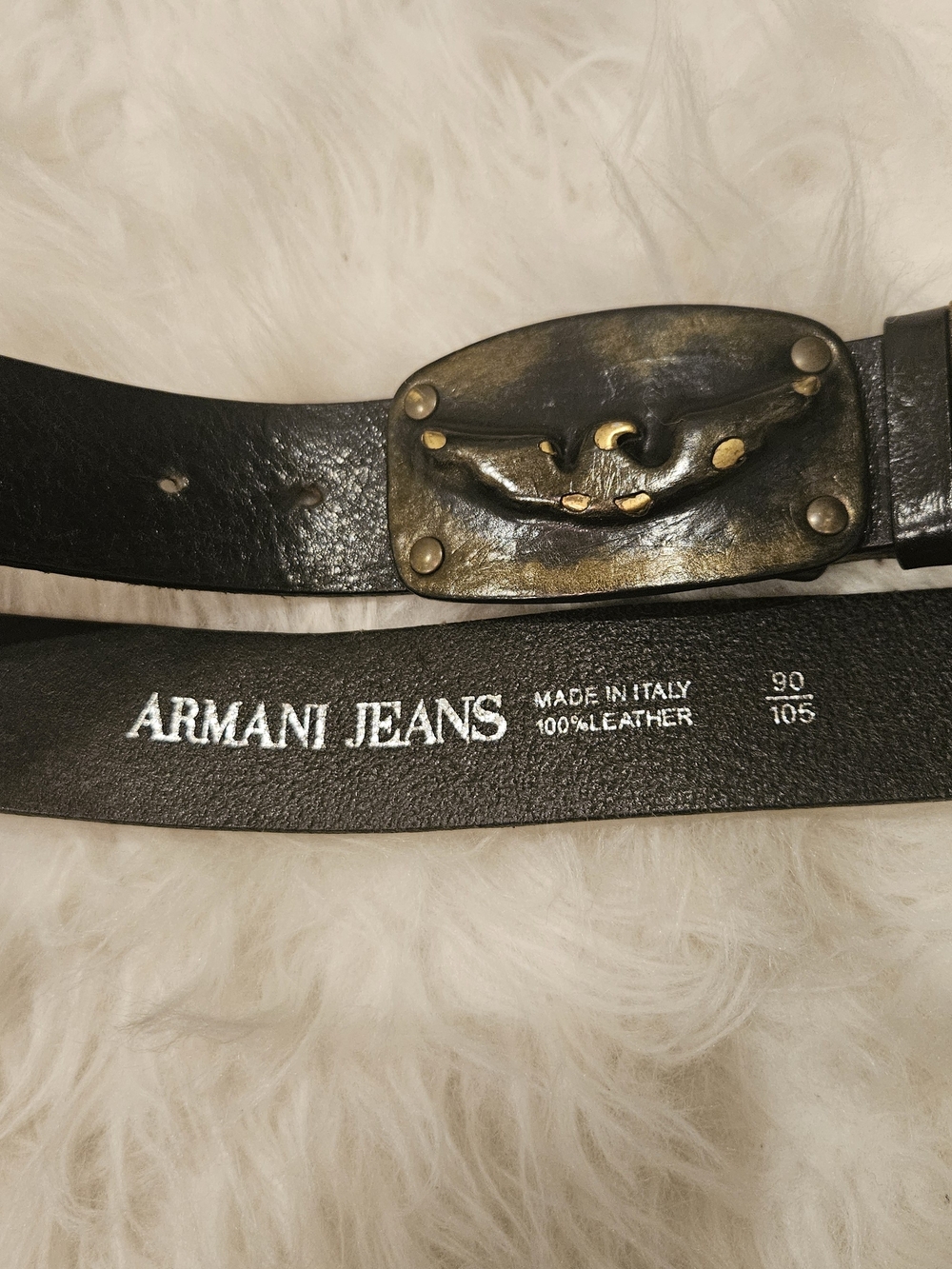 Armani Jeans Black Leather Belt with Distinctive Aged Brass Buckle